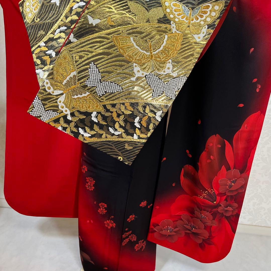 振袖　振り袖　成人式　フルセット　正絹　黒　赤　花柄