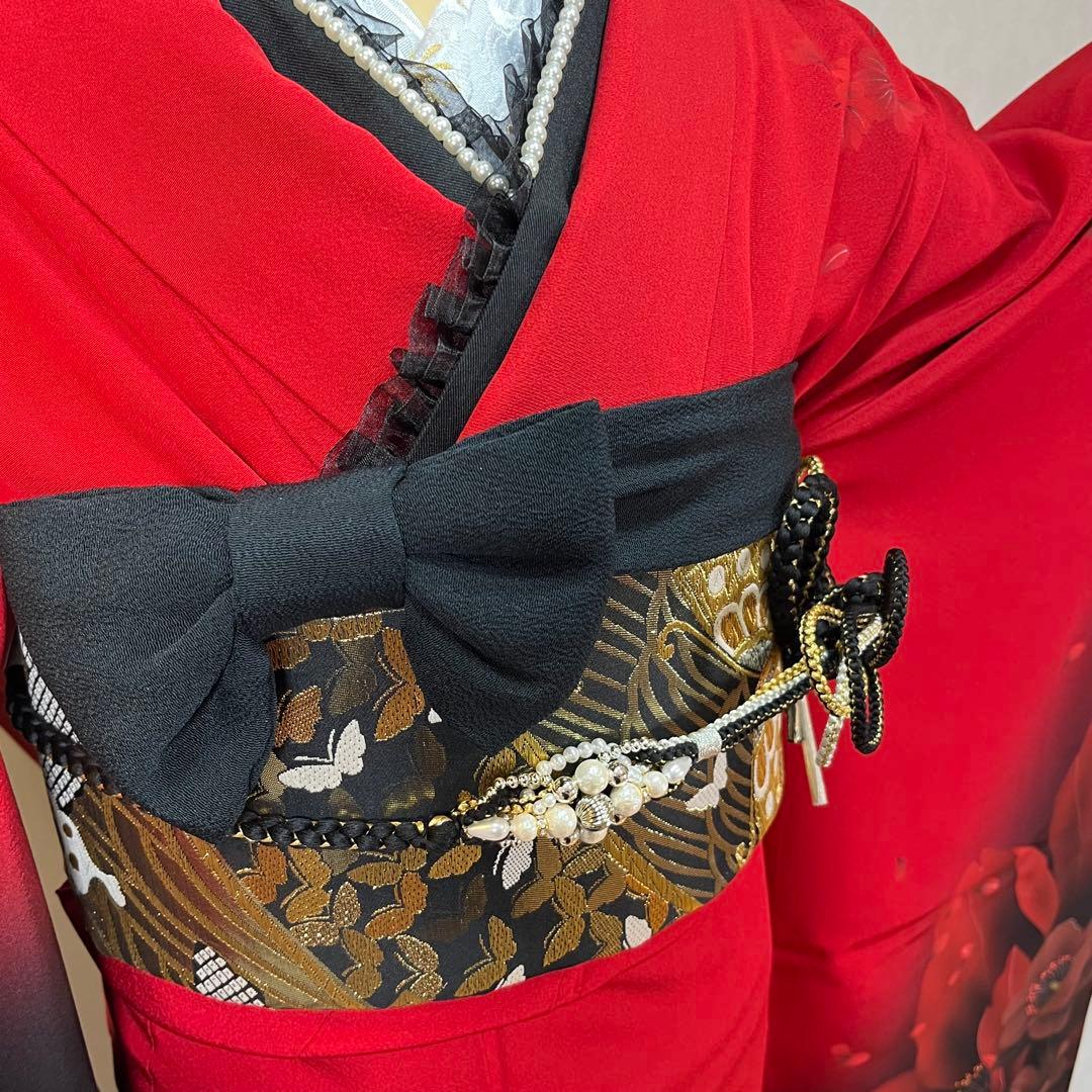 振袖　振り袖　成人式　フルセット　正絹　黒　赤　花柄