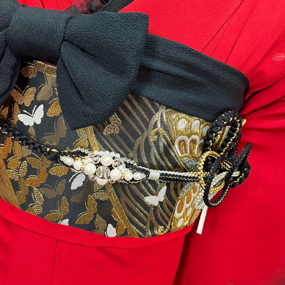 振袖　振り袖　成人式　フルセット　正絹　黒　赤　花柄