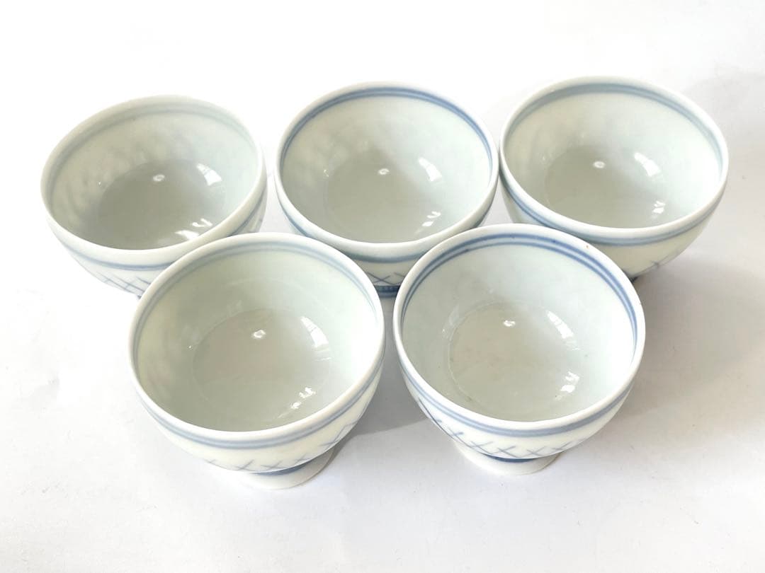 骨董　染付　草文様　盃　杯　猪口　5点　煎茶碗　煎茶道具　染付磁器