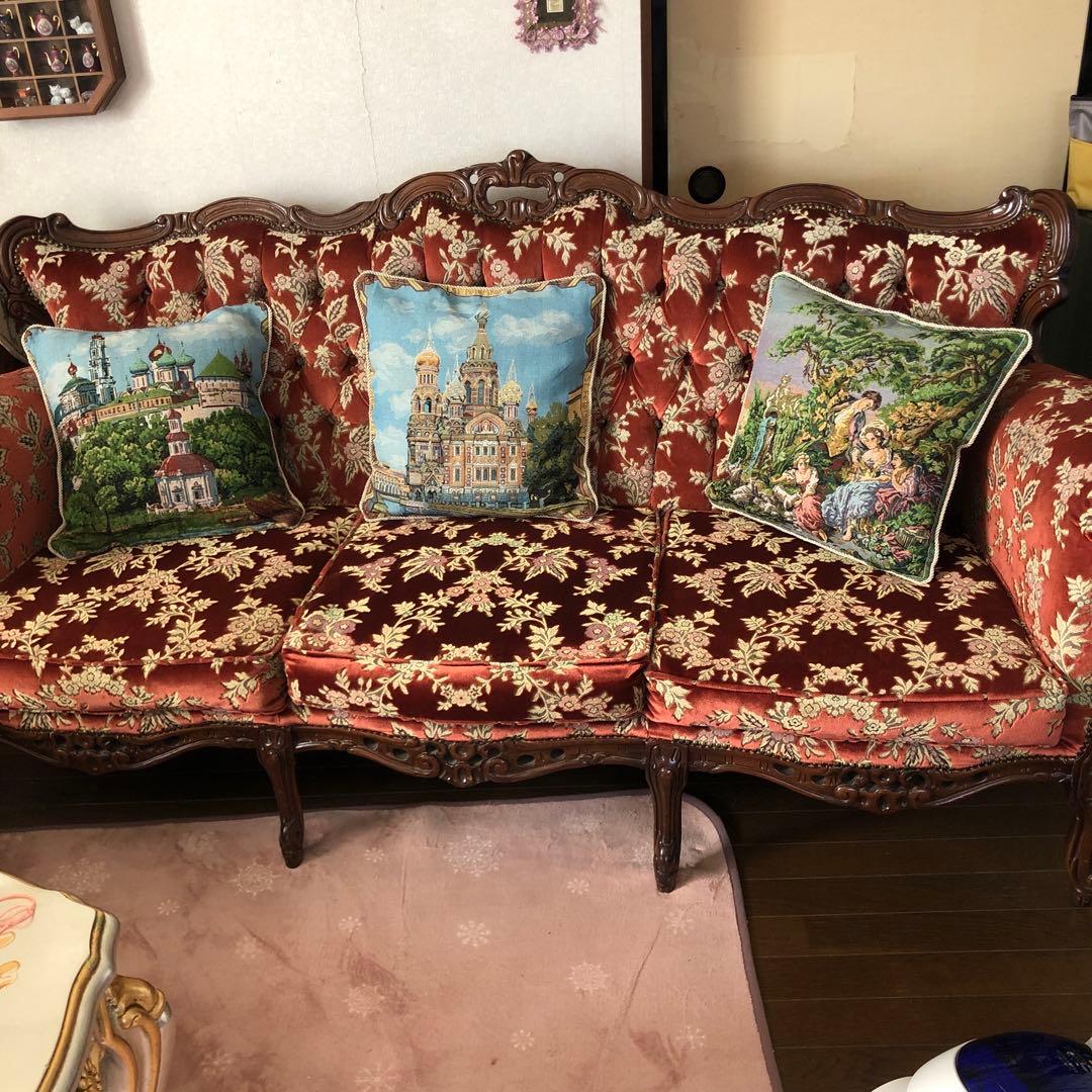 金華山 イタリア　ビクトリアンスタイル 3人掛けソファ 赤色 花柄