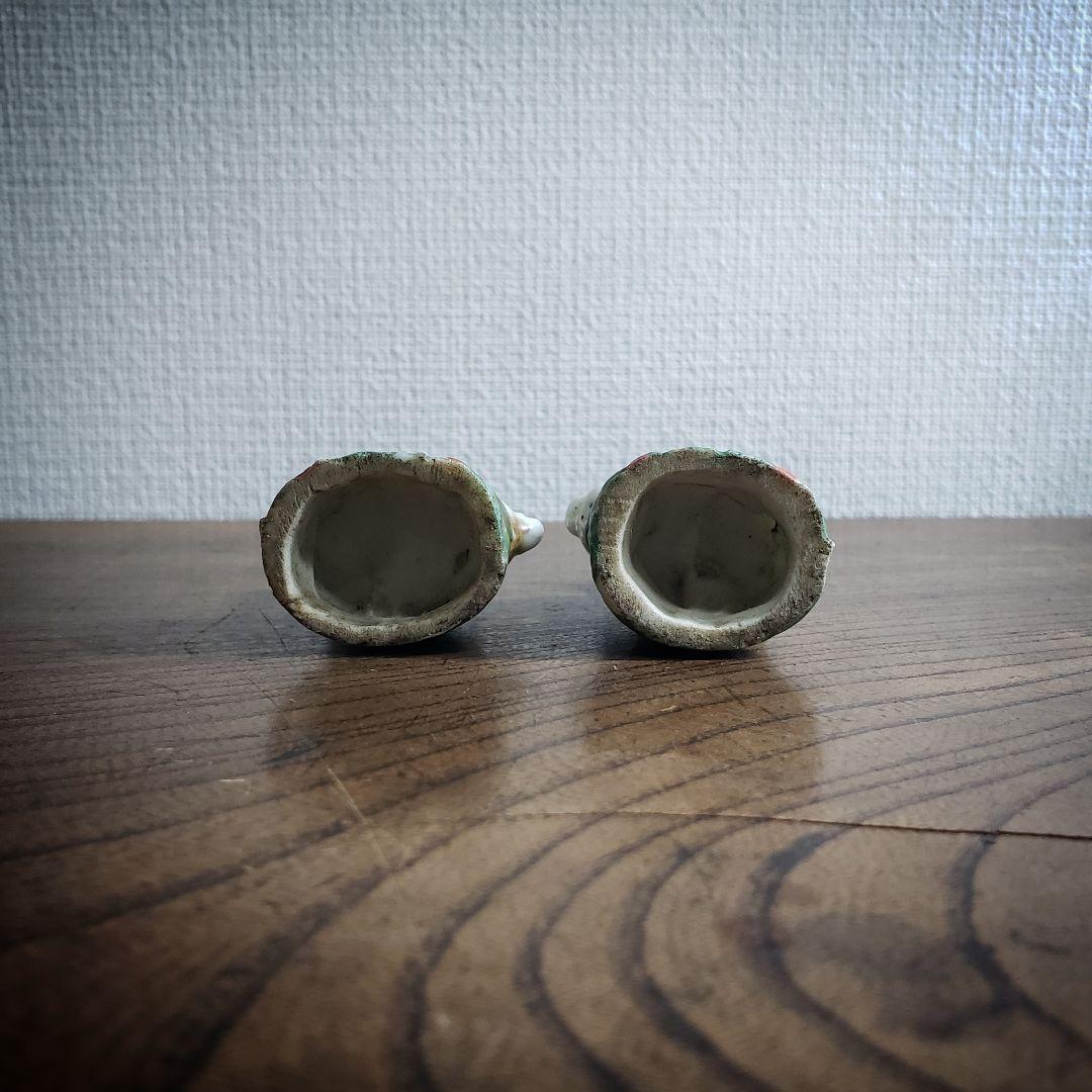 時代物　白磁　色絵　金彩　御稲荷様　神狐　稲荷狐　置物　一対　高さ6.5cm