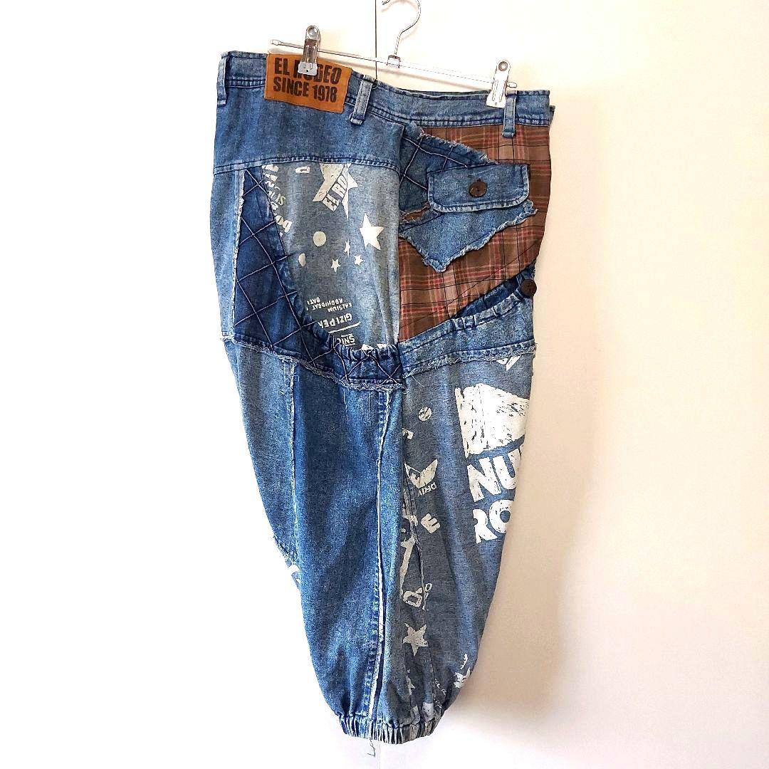 エルロデオ ELRODEO パッチワーク デニムダンガリー サルエルパンツ 青