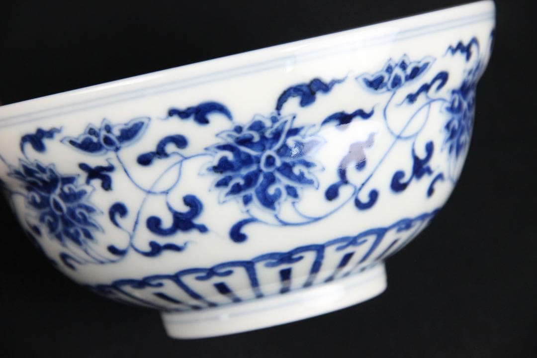 中国美術　青花纏枝蓮文碗　唐草　大清光緒年製款　古陶磁　茶道具 ESM12-6