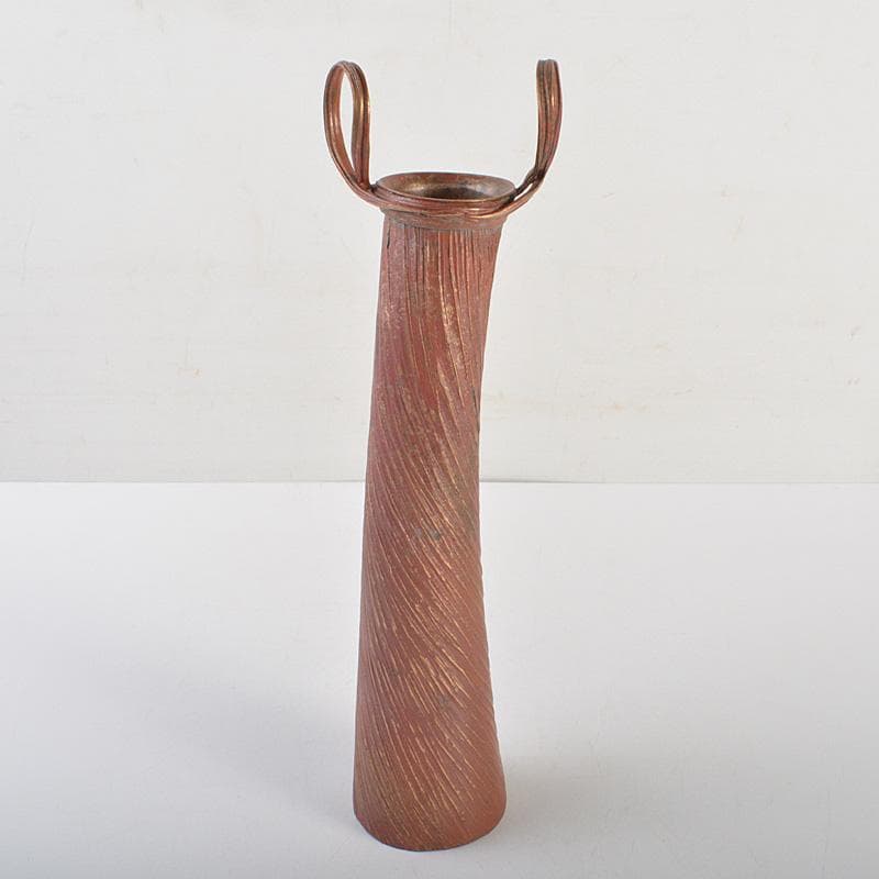 高岡銅器　須賀正紀造　蝋型鋳銅　素文耳付花生　花器　共布共箱　C　R7485