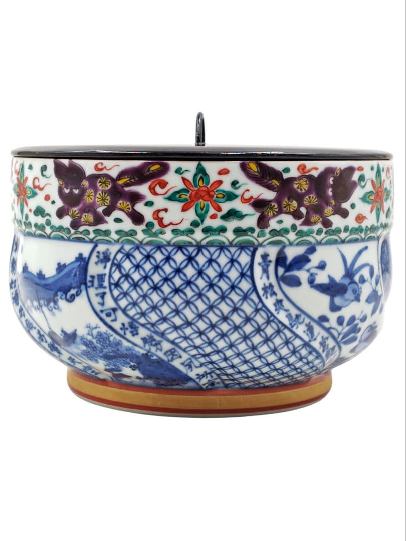 【五山窯・林淡幽】『一重口 色絵 捻 祥瑞 水指』底部在銘 桐共箱 共布 栞