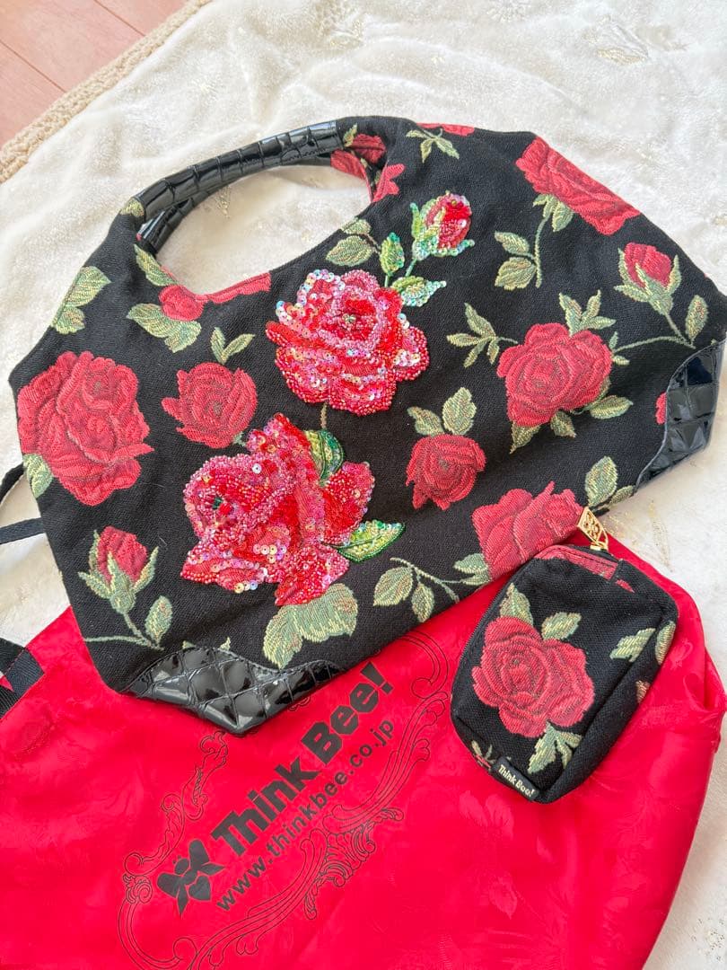 【美品】シンクビー！デラックスピンキーローズ ハンドバッグ&ポーチ