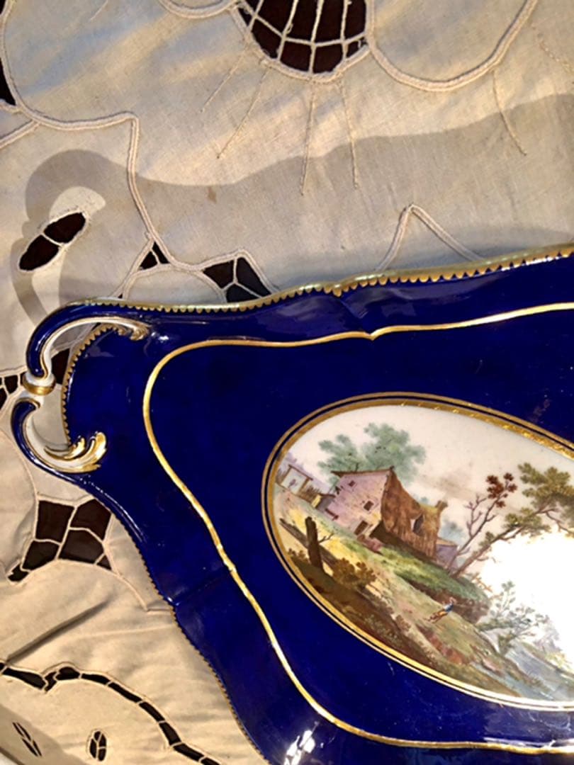☆1763年アンティークセーブル♪セーブルブルー金彩風景画☆透かしトレー飾り皿♪