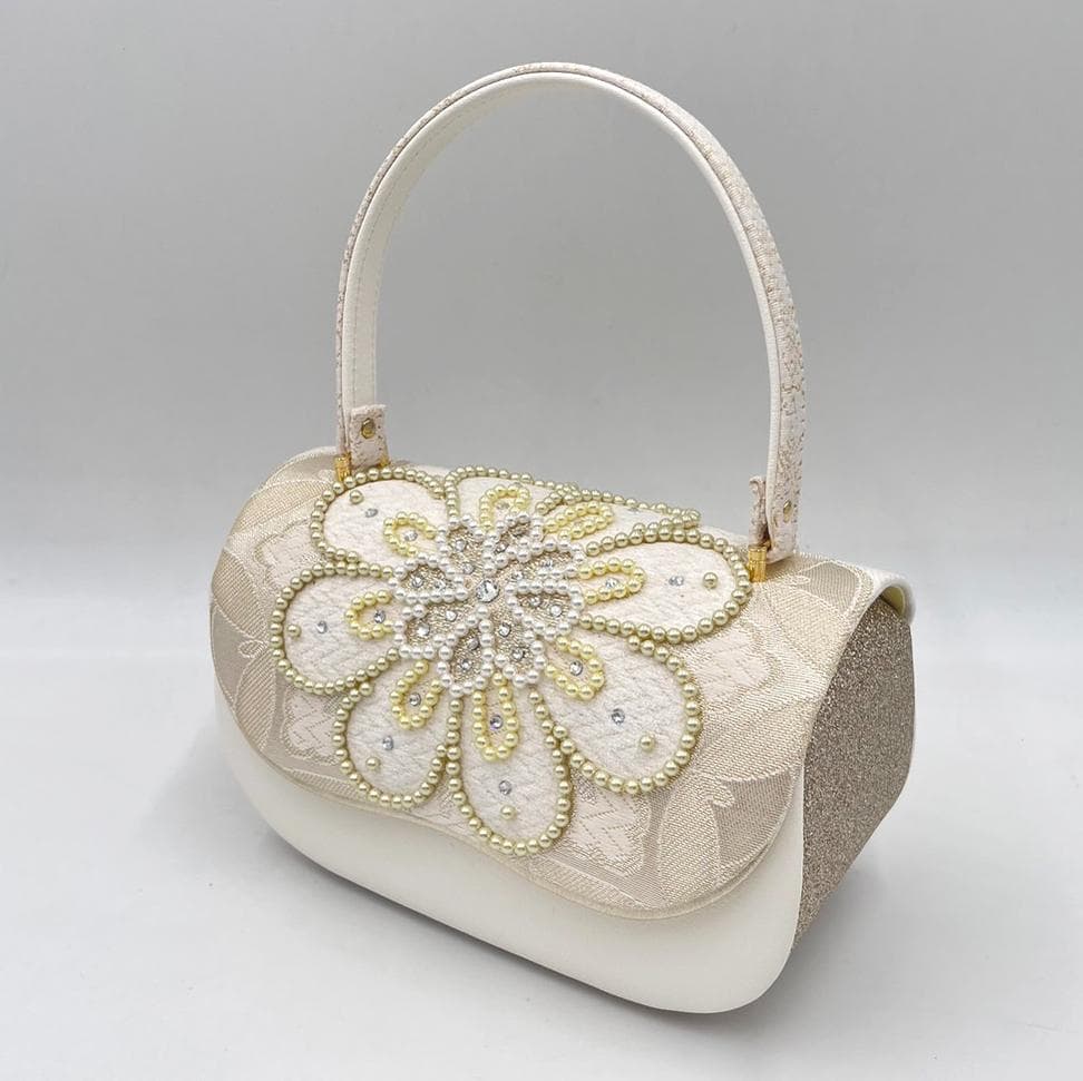 専用 豪華ビーズパール刺繍 西陣帯地　　振袖バッグ草履セット 　アイボリー