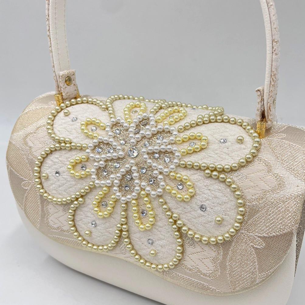 専用 豪華ビーズパール刺繍 西陣帯地　　振袖バッグ草履セット 　アイボリー