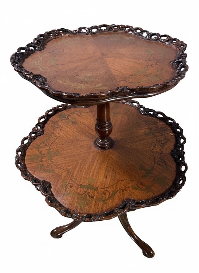 イギリスアンティーク　２段テーブル　 マホガニー象嵌装飾　透かし彫り