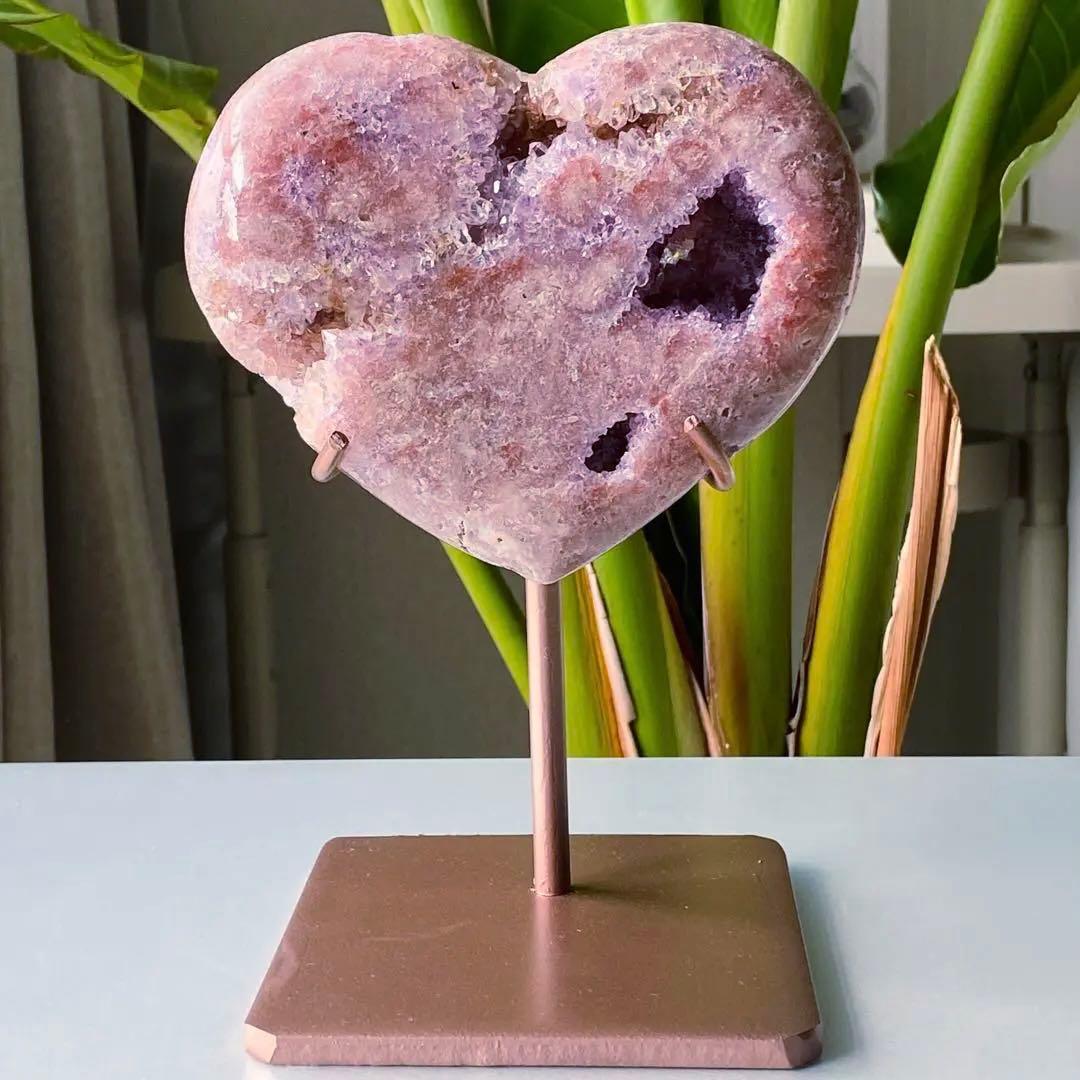 ★破格大特価【 ピンクアメジスト ドゥルージー ハート 原石 台座付き