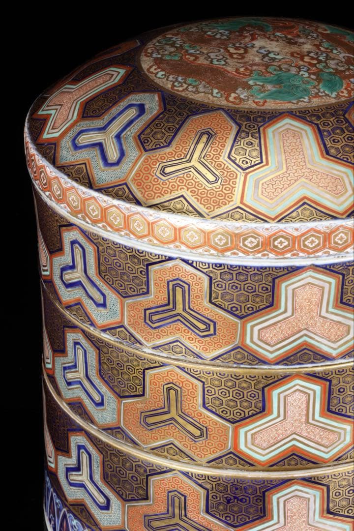 【希少古伊万里】金襴手龍文様三段重 重箱 豪華絢爛色絵金彩細工 古美術 骨董品