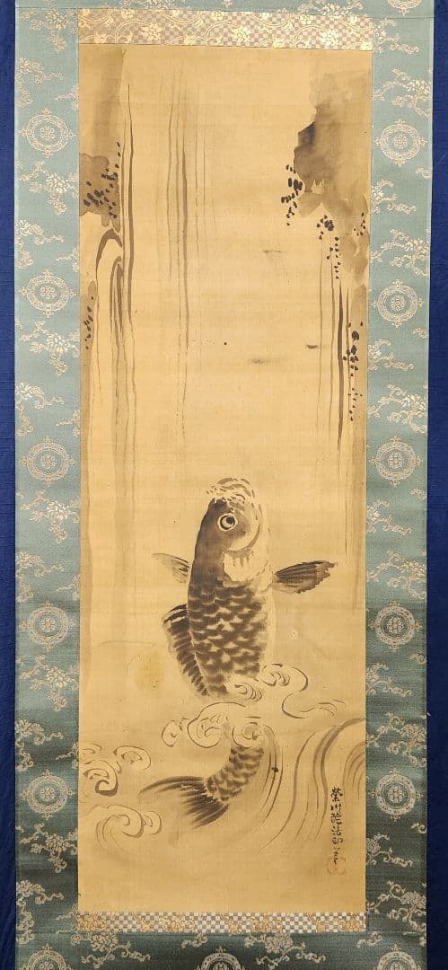 【鯉の滝登り図】狩野栄川院典信 掛け軸 2643 狩野派江戸古画 昇龍　肉筆