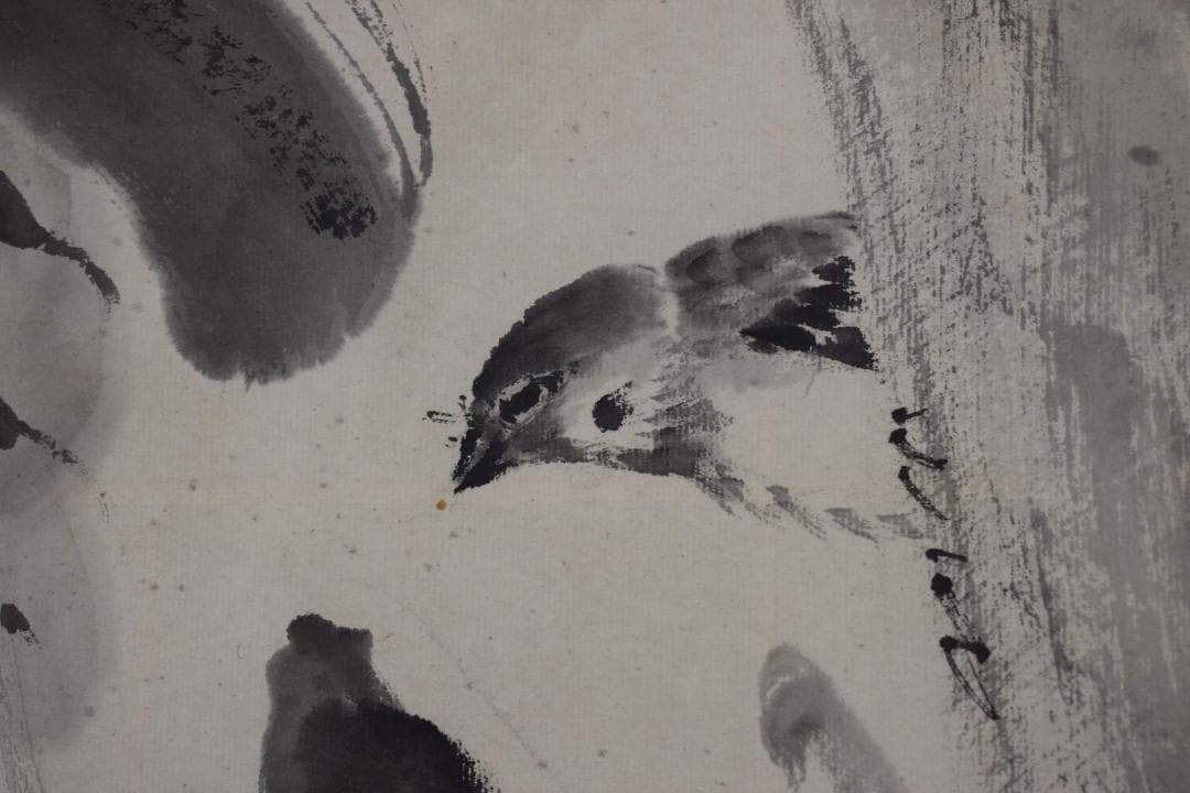 【真作】手島呉東/芭蕉に雀画賛/掛軸☆宝船☆Y-201　JM