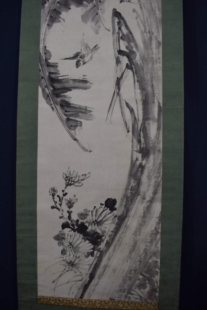 【真作】手島呉東/芭蕉に雀画賛/掛軸☆宝船☆Y-201　JM