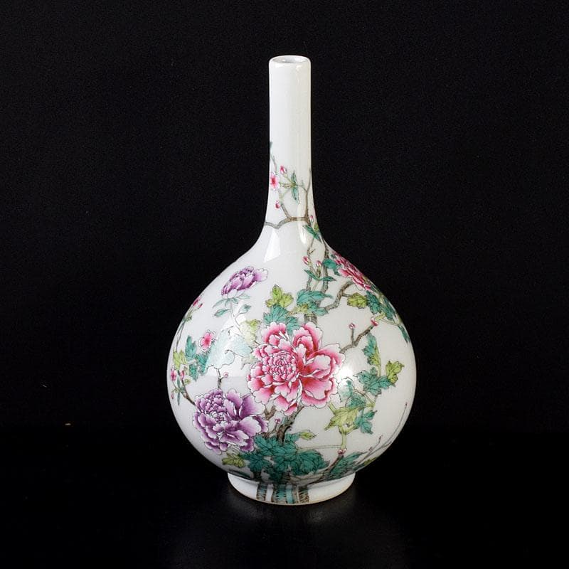 中国　大清乾隆年製　粉彩　牡丹文　長頸瓶　一輪挿し　M　8018E