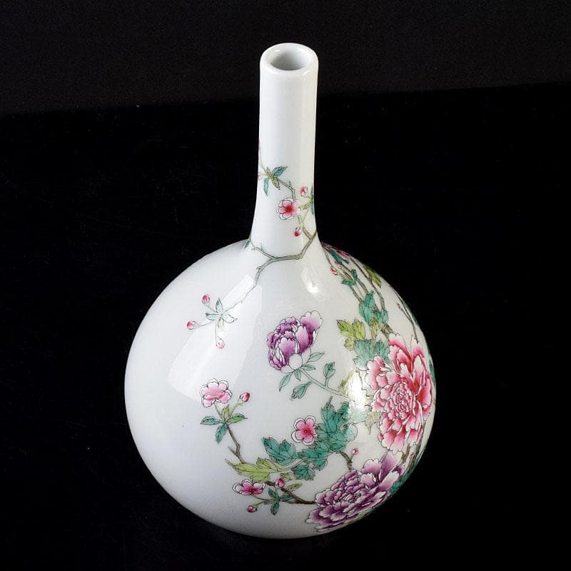 中国　大清乾隆年製　粉彩　牡丹文　長頸瓶　一輪挿し　M　8018E
