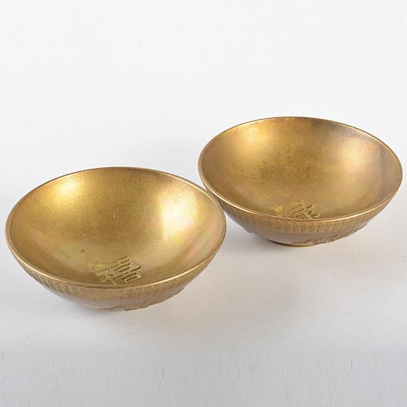 中国　古銅宣徳銅　洪字底款福禄寿禧　酒盃　一對　C　R7094E