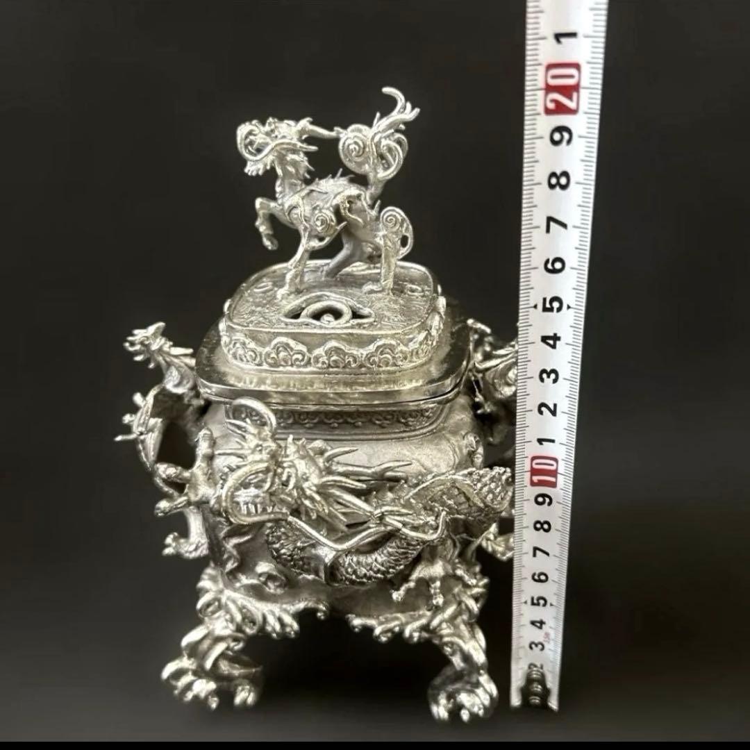 ・伝統工芸 高岡銅器 洋銀 香炉 龍摘 双鳳凰耳　須賀月芳　共箱　保証書付き