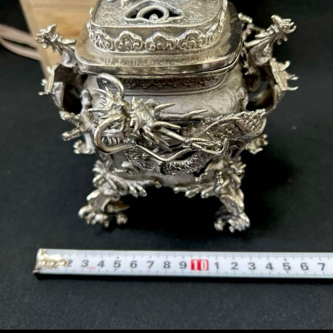・伝統工芸 高岡銅器 洋銀 香炉 龍摘 双鳳凰耳　須賀月芳　共箱　保証書付き