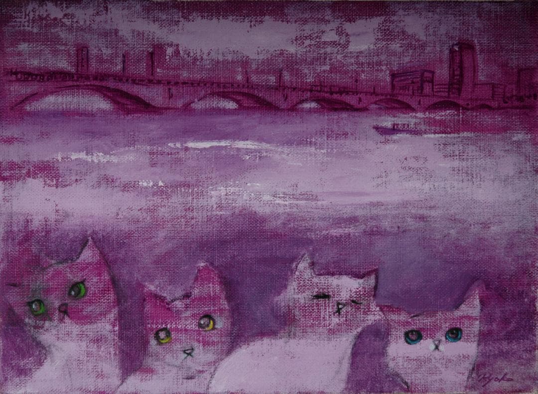 油絵菅家令子絵 絵画インテリア額付(青緑＋金色の枠)F4-050920可愛い子猫