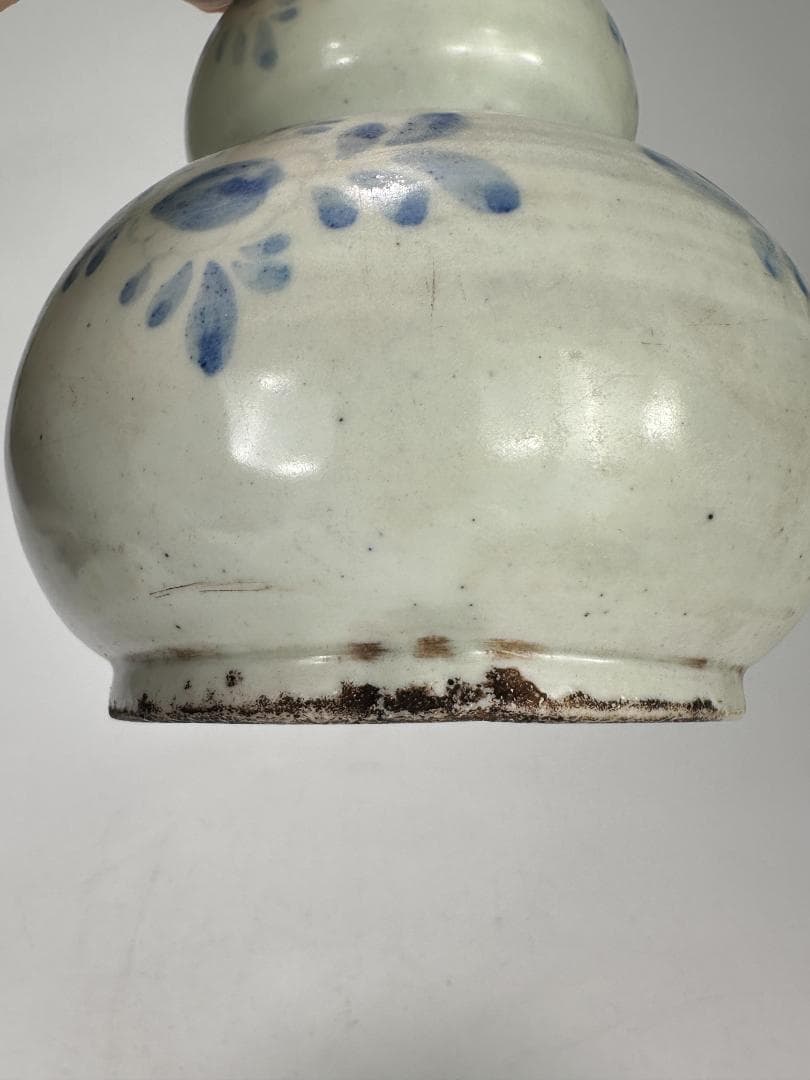 韓国美術　李朝時代　白磁　染付 青花　寿字文　花卉文　瓢箪瓶　花瓶 朝鮮古陶磁