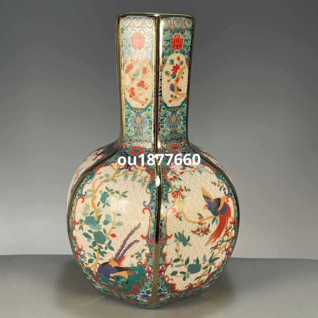 琺瑯彩六稜蒔金花鳥瓶 景徳鎮 陶磁器 装飾品 現代工芸品 美術品 置物