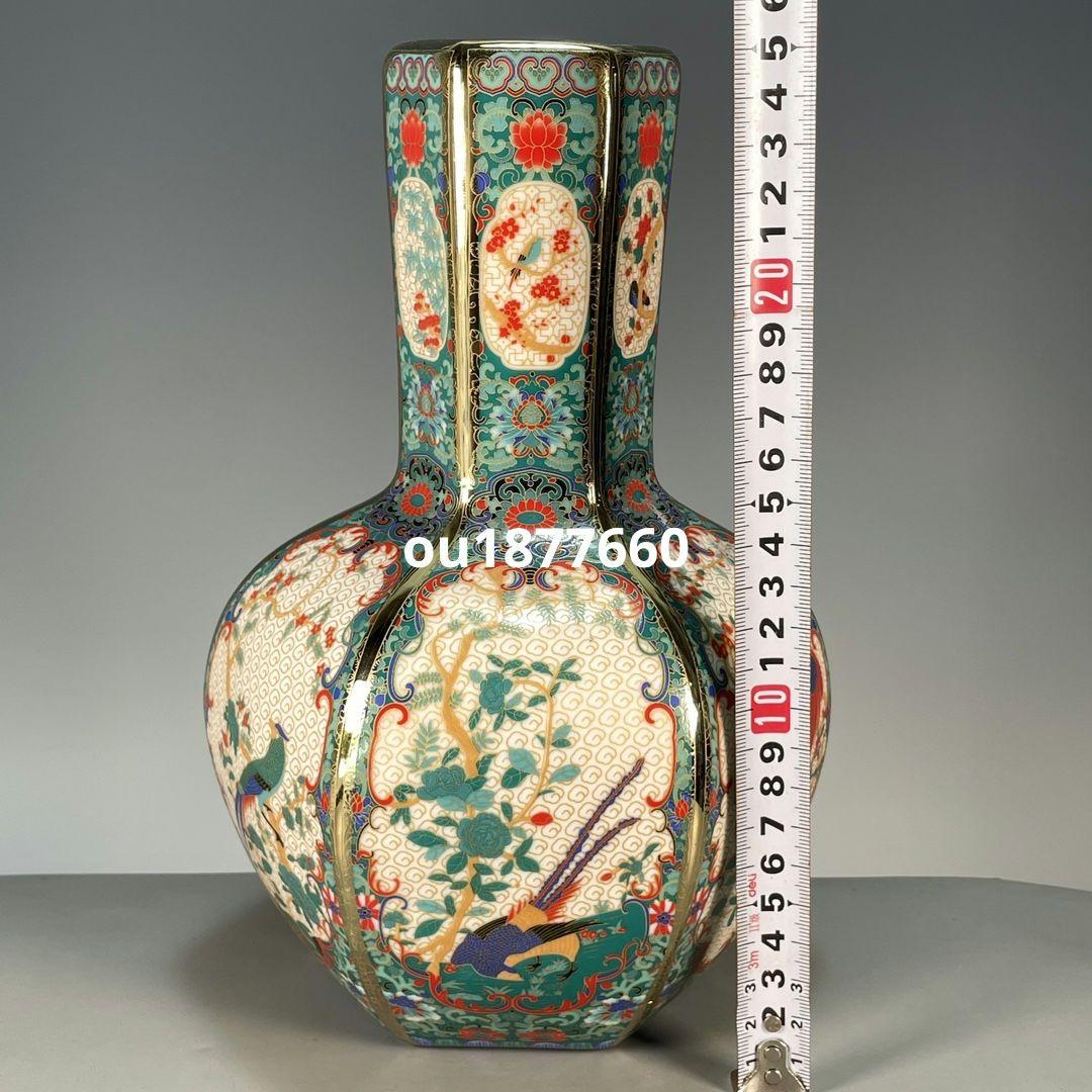 琺瑯彩六稜蒔金花鳥瓶 景徳鎮 陶磁器 装飾品 現代工芸品 美術品 置物