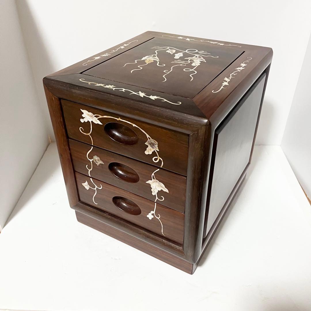 花梨 螺鈿家具 唐木 螺鈿細工 小引出し 3段 李朝 小型チェスト アンティーク