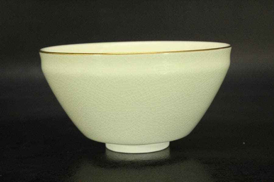 【未使用品】茶道具 清水焼 粟田窯 茶碗 金彩金葵紋 岡田暁山作 (メ1224)