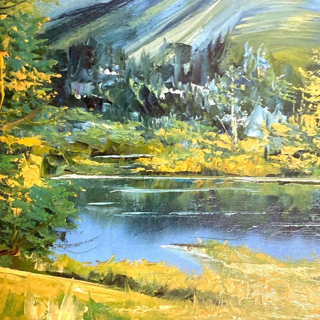 無題　山と湖の風景画　油絵さわやか　サイン有り