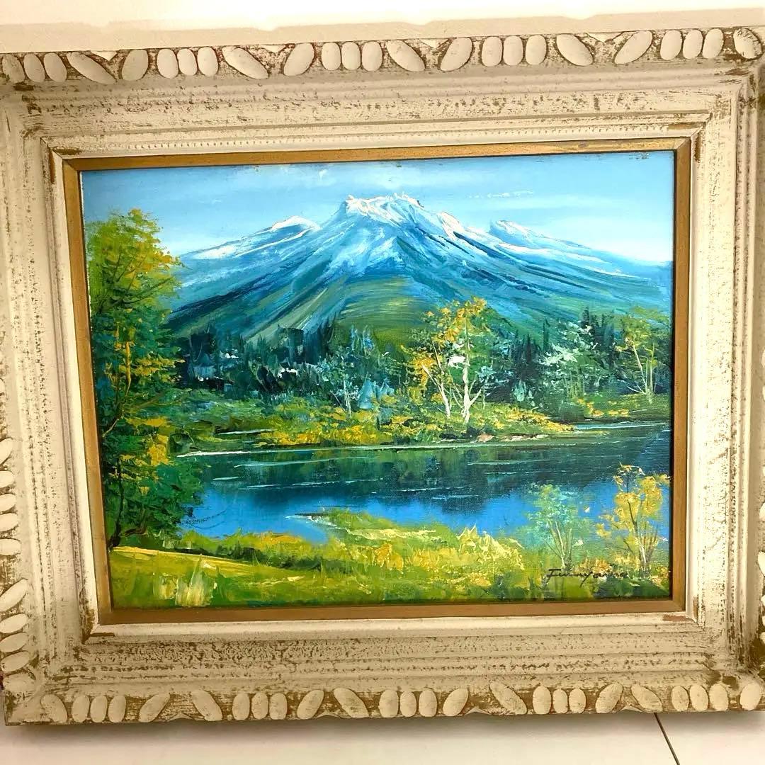 無題　山と湖の風景画　油絵さわやか　サイン有り