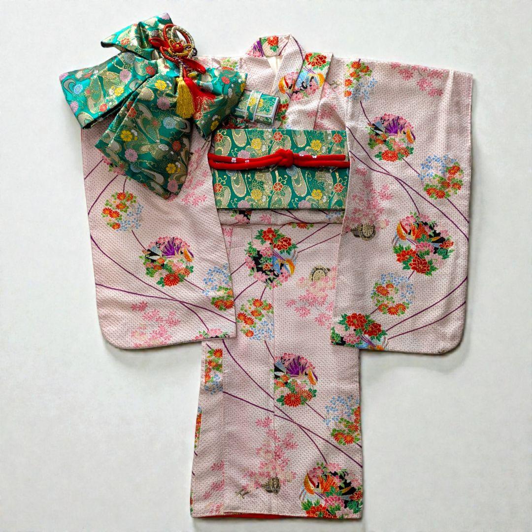 7歳　正絹絞り白ピンク鴛鴦　七五三　お着物・帯・筥迫セット