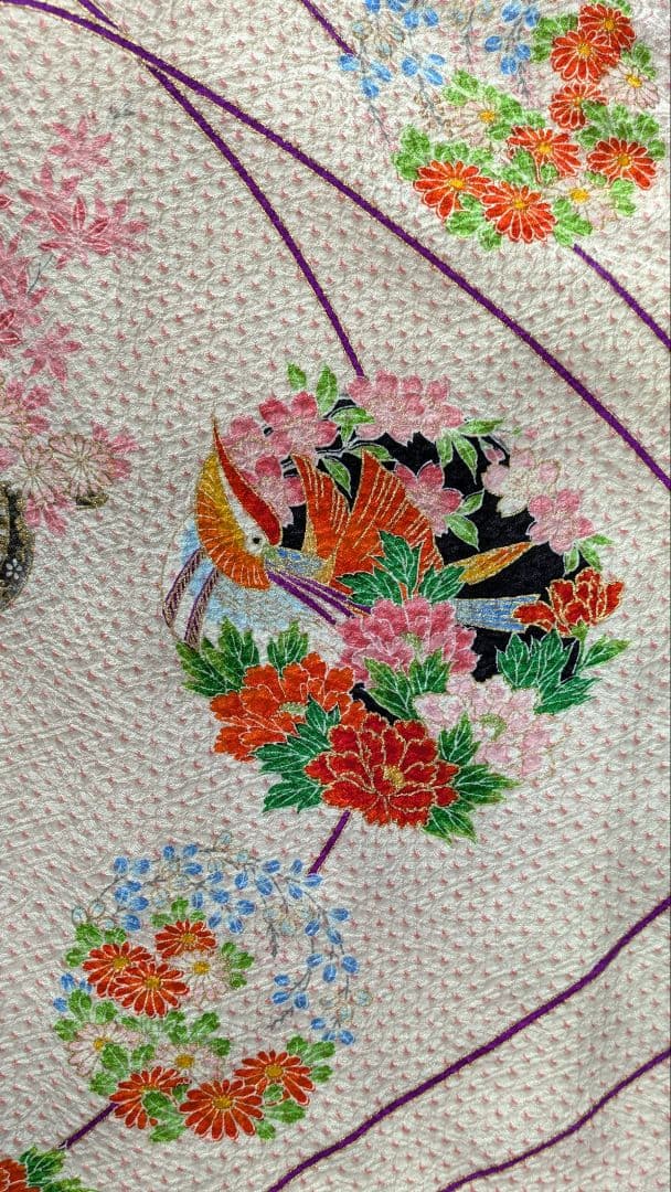 7歳　正絹絞り白ピンク鴛鴦　七五三　お着物・帯・筥迫セット