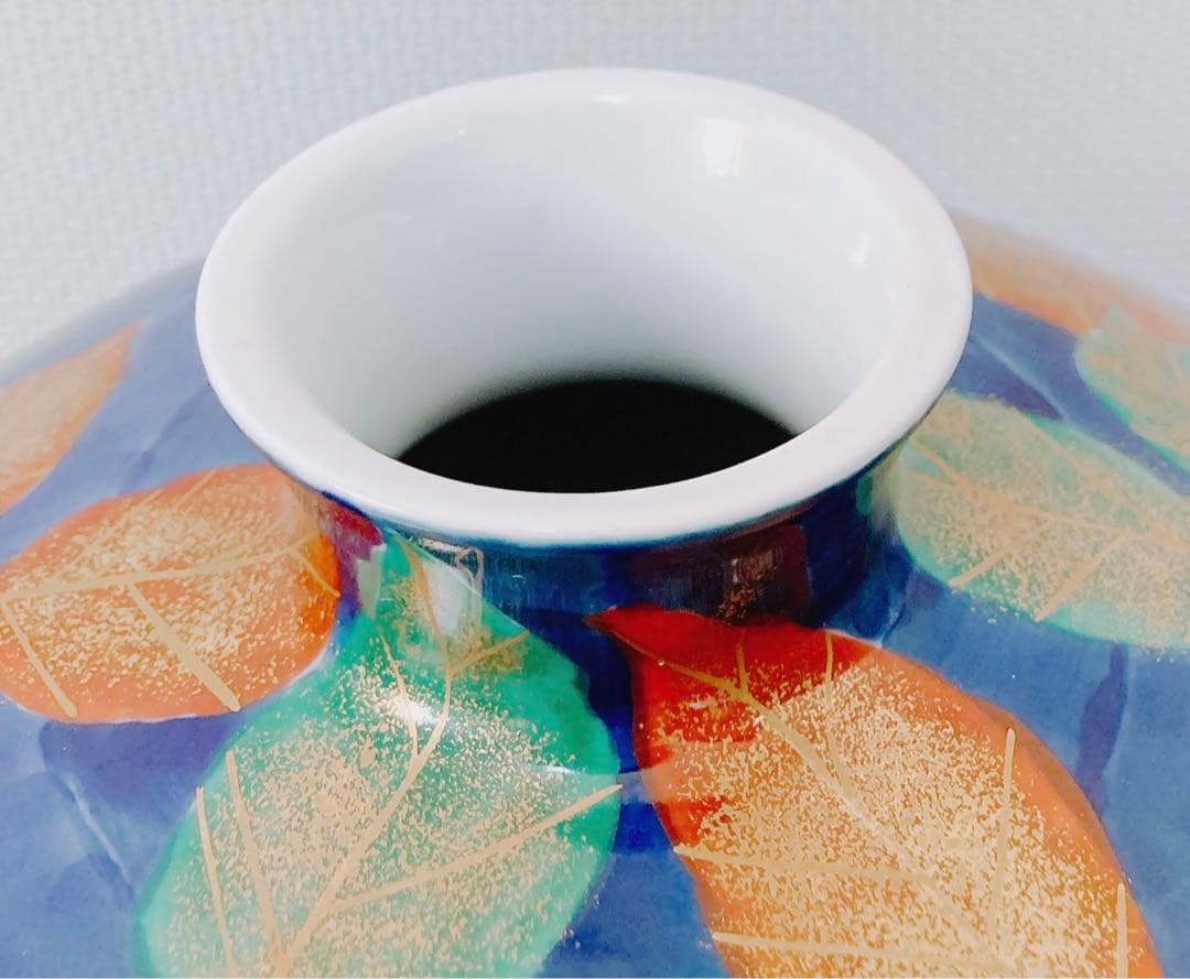 【希少 未使用】藤井錦彩 有田焼 染錦金彩木の葉絵花瓶 限定作品 24.5cm