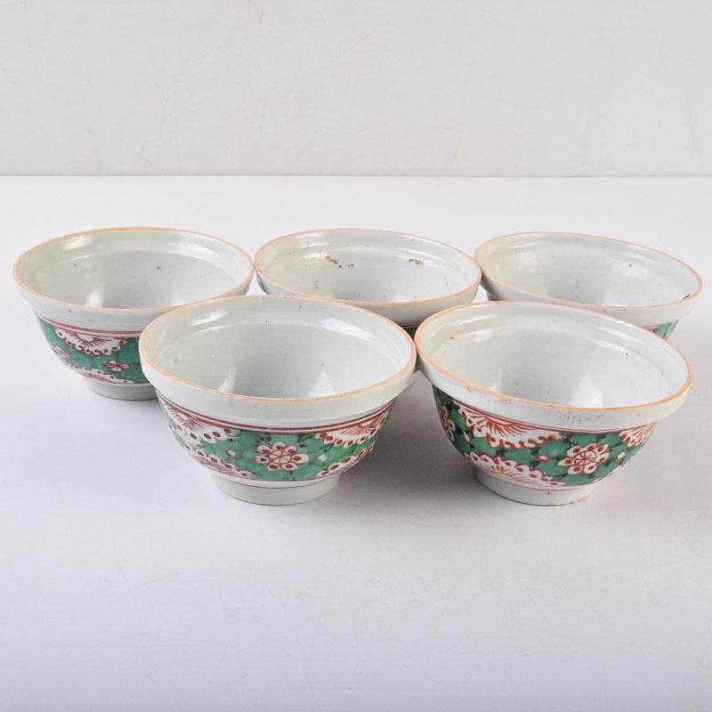 中国　南京赤絵　梅文　煎茶碗　五客　時代箱　V　R9030