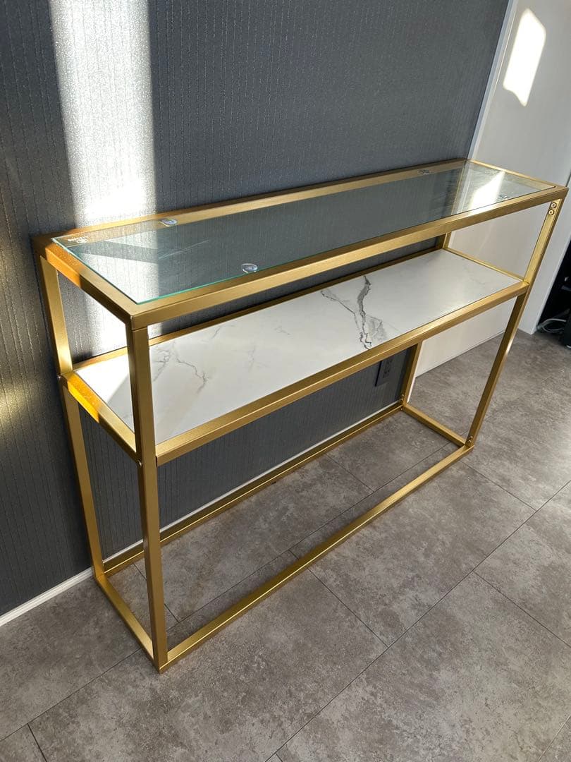 【お洒落良品】ガラストップ＆マーブル柄コンソールテーブル