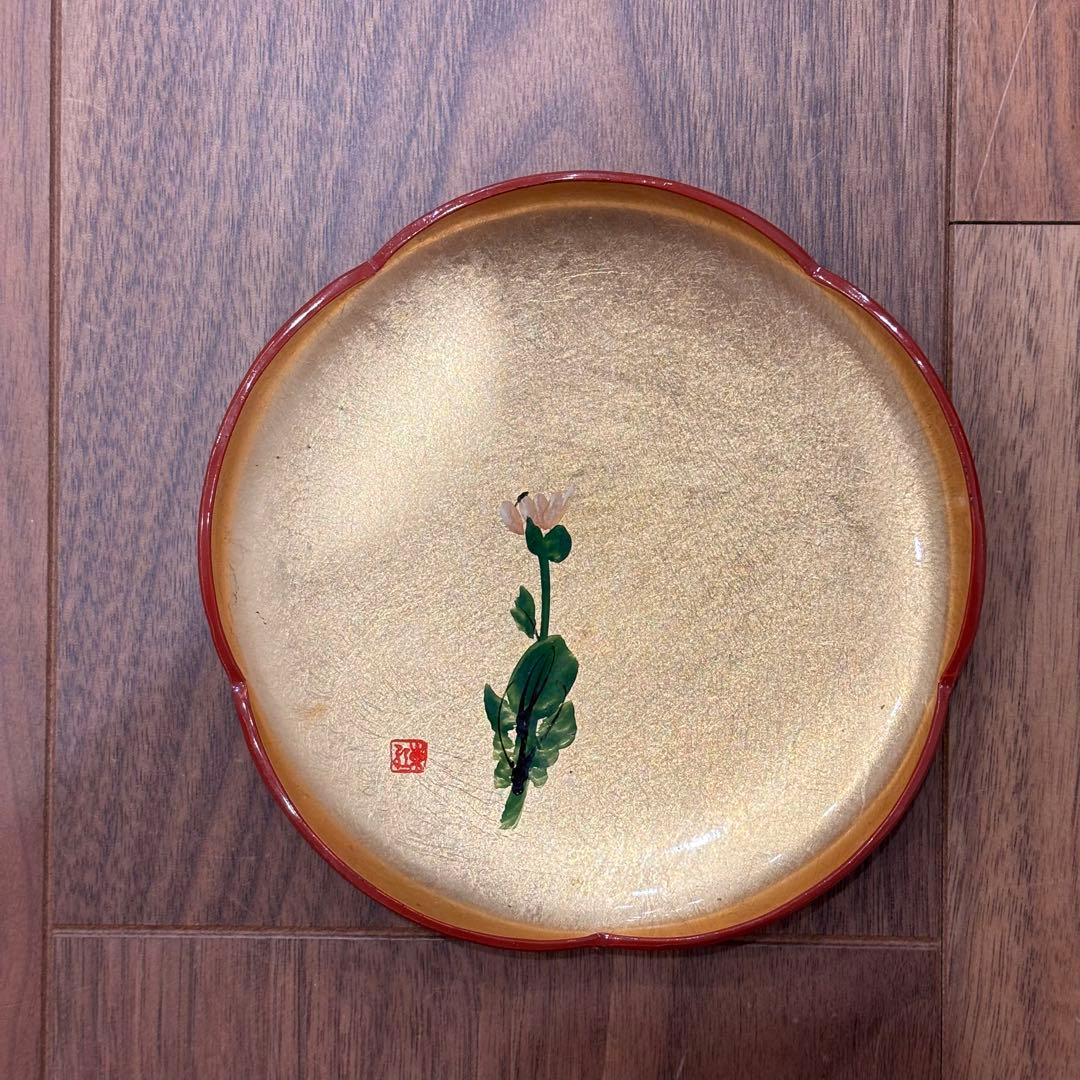 漆器 梅型銘々皿 5枚セット 13cm 金地 花蒔絵 朱印あり／和皿／菓子皿