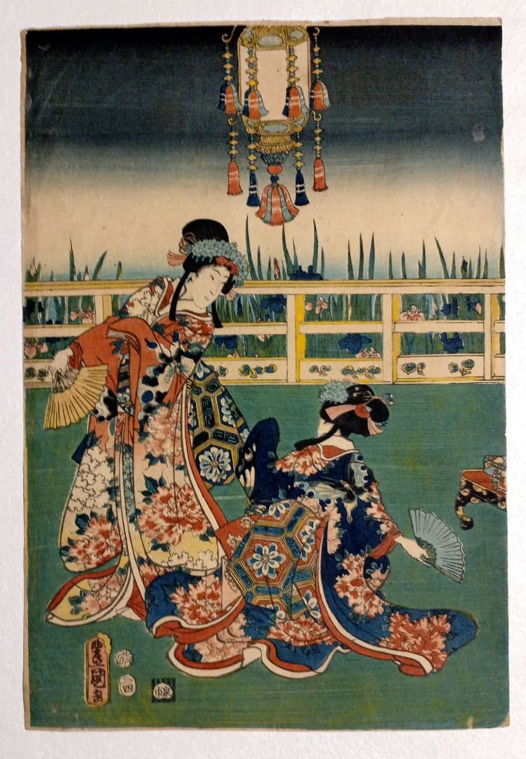 浮世絵版画、花菖蒲由縁色廓三枚綴り 三代歌川豊国画安政四年出版No2