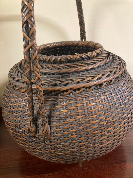 アンティーク竹編み籠　大型　花籠　在銘　美品