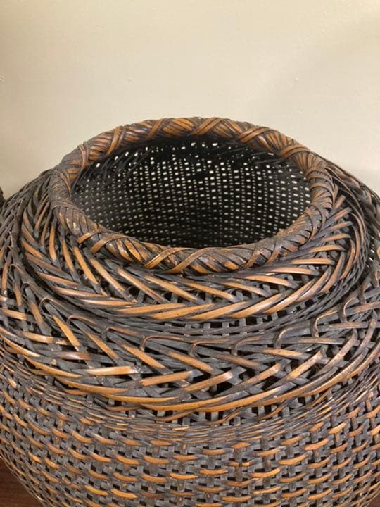 アンティーク竹編み籠　大型　花籠　在銘　美品