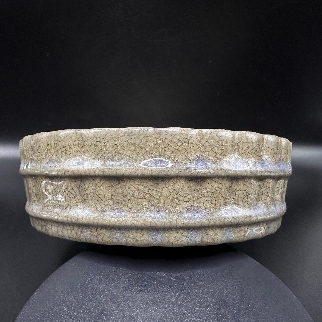 L113 汝磁開片レリーフ樽型洗文房アンティーク