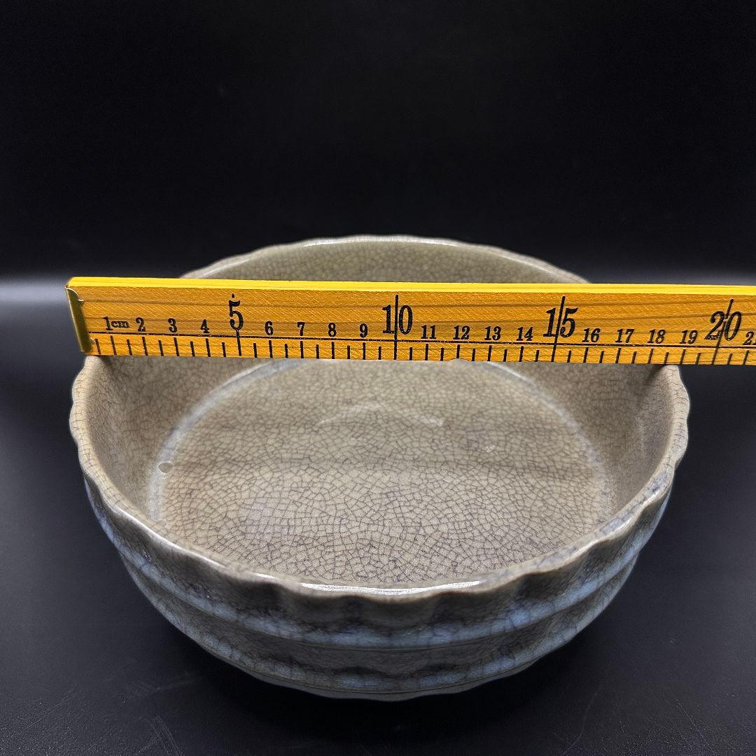 L113 汝磁開片レリーフ樽型洗文房アンティーク