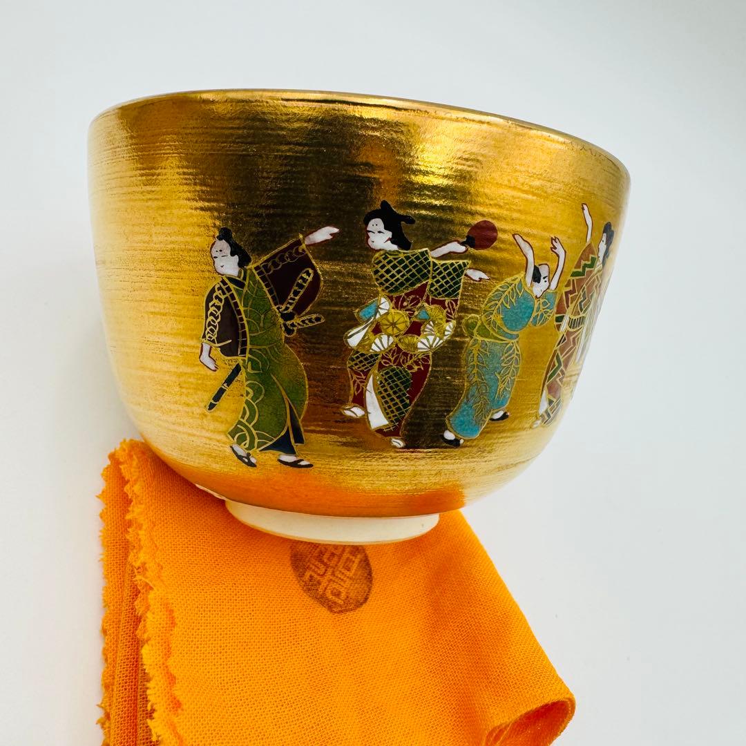【京焼　加藤如水　琳派金地元禄舞図　金蘭茶碗　共箱】茶道具　骨董　アンティーク