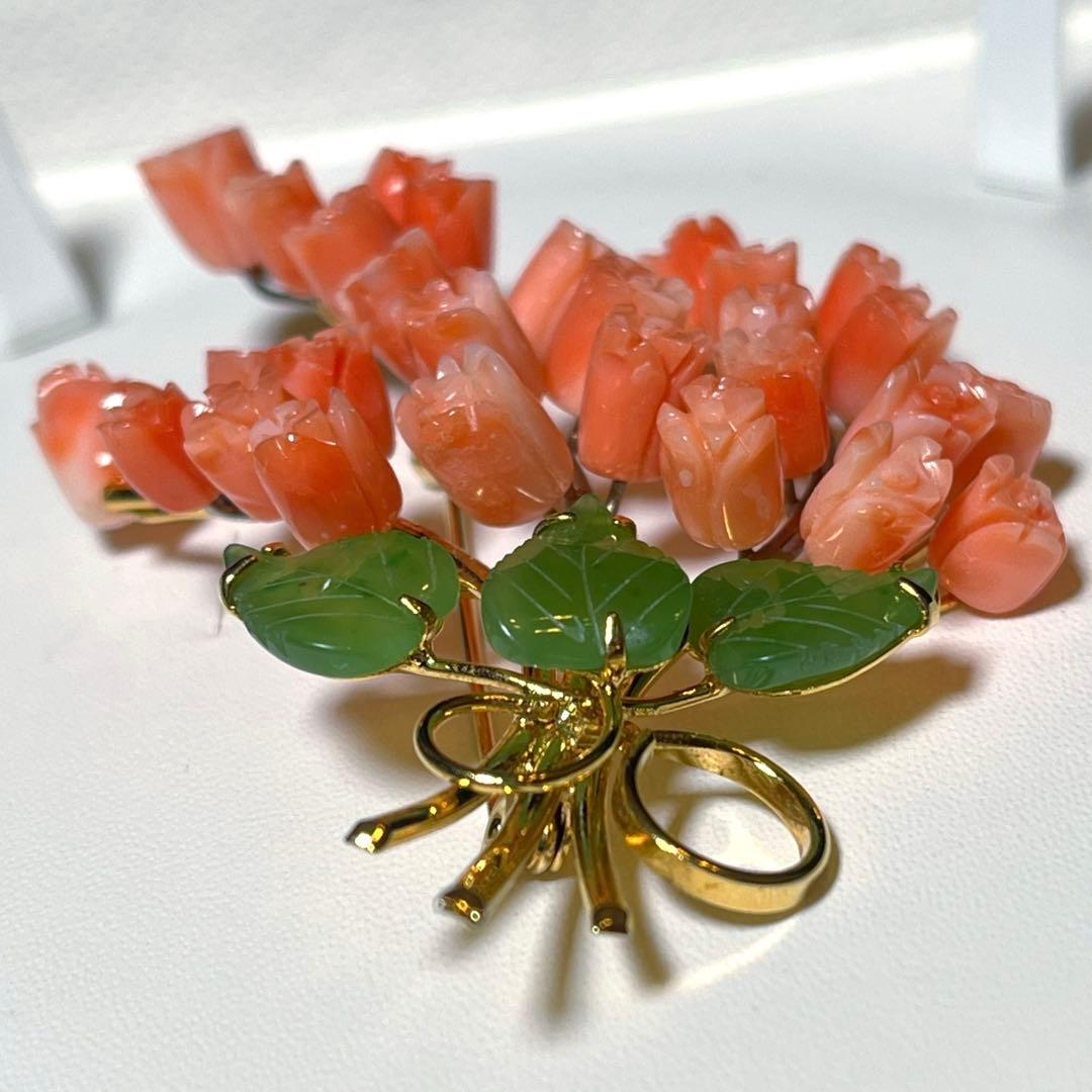珊瑚 翡翠 サンゴ ヒスイ レトロブローチ M488