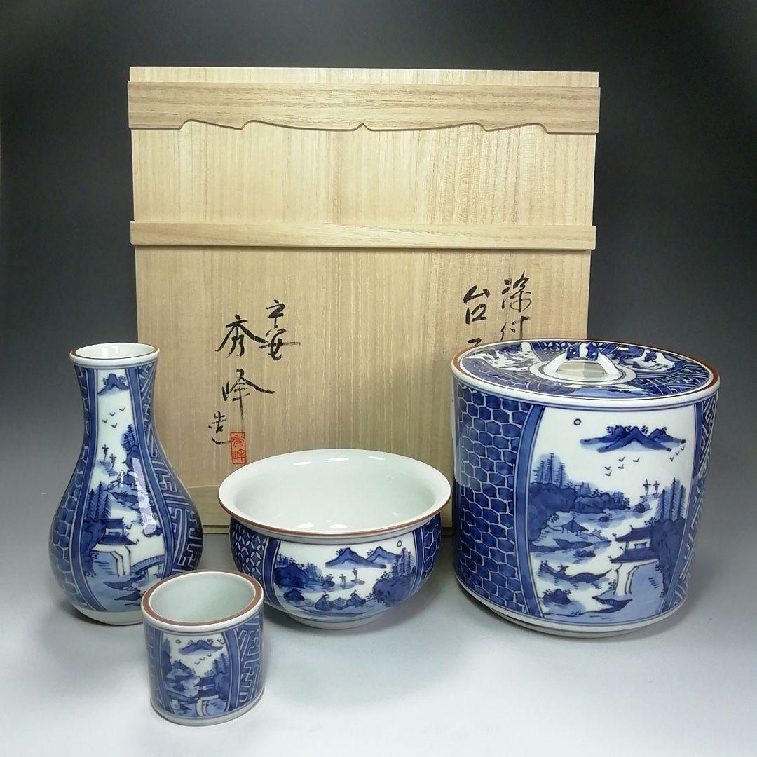 Ｓ５８５　皆具　『染付　台子皆具』『平安　秀峰造』　共箱　茶道具