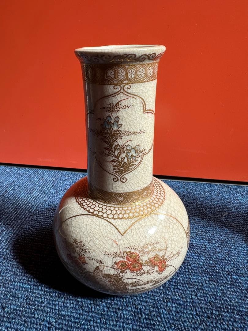 803 オールド薩摩　金彩色絵　花瓶　一対　時代物