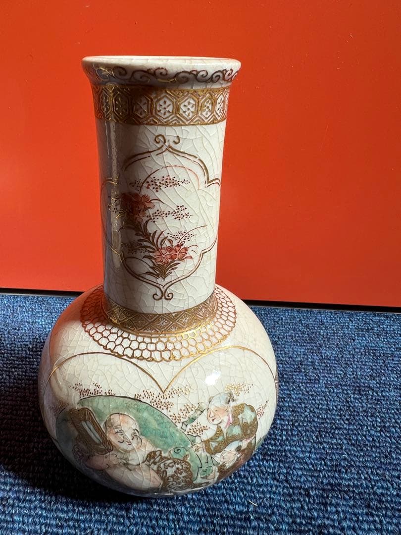 803 オールド薩摩　金彩色絵　花瓶　一対　時代物