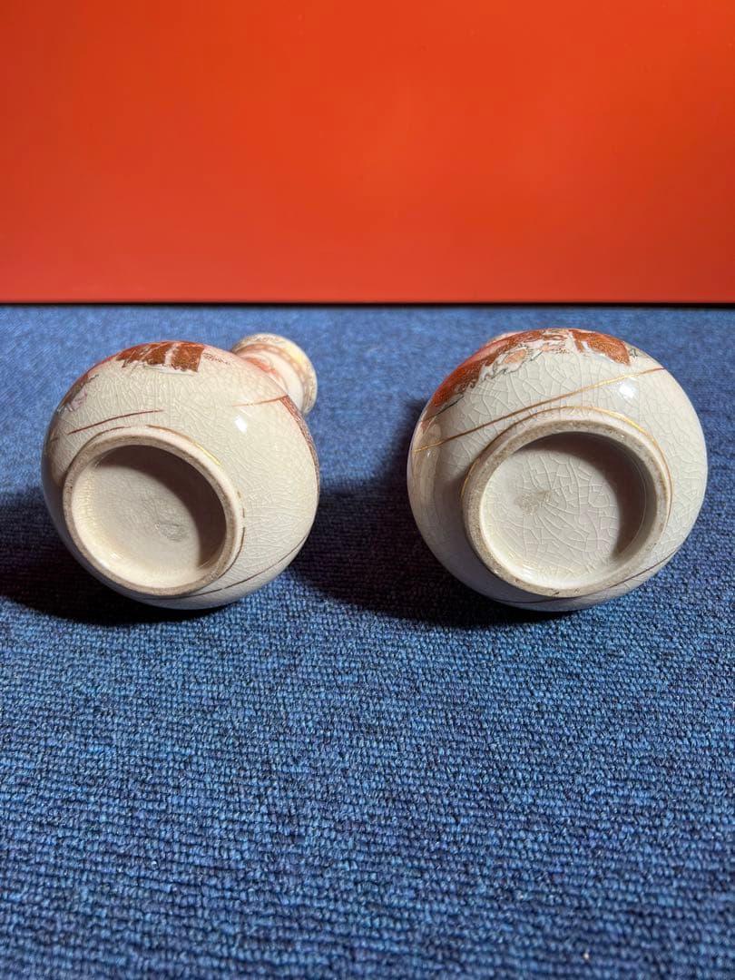 803 オールド薩摩　金彩色絵　花瓶　一対　時代物